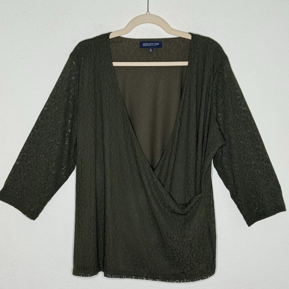 NWOT Jones NY Signature Woman Blouse sz XL Dressy Olive Green Lacey 3/4 Sleeves